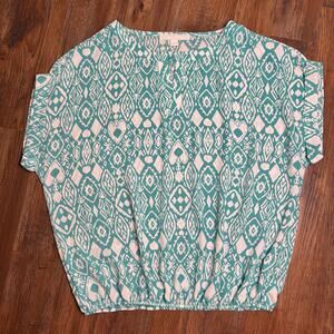 Juniper + Lime LARGE green geometric flowy blouse V cutout elastic waist